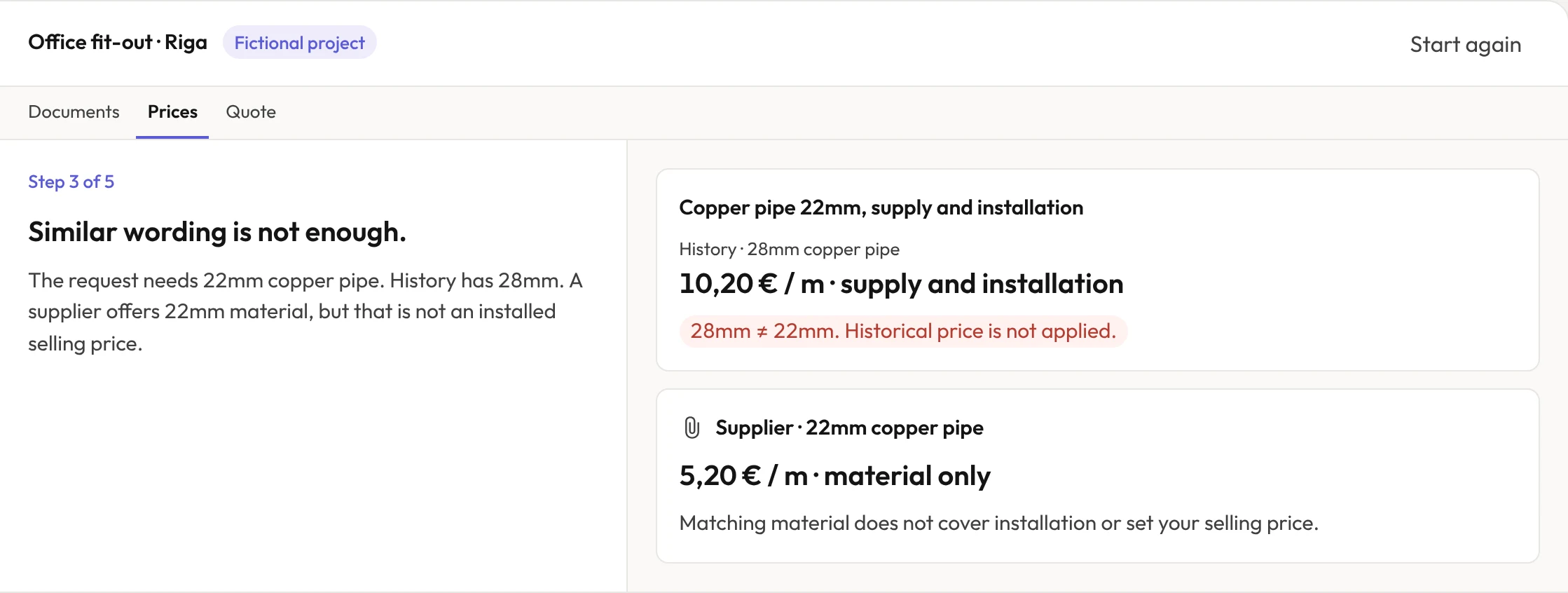 The demo's check step: the historical 28mm pipe price is marked as not applied for a 22mm request, and a supplier's 22mm material-only price is shown separately.